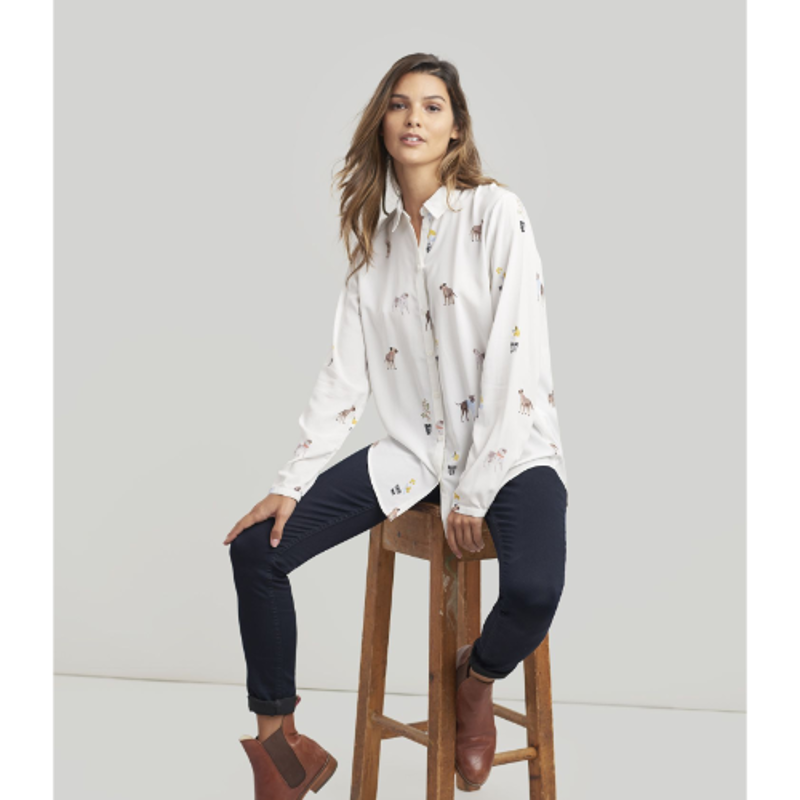 Joules Elvina Long Sleeve Soft Shirt - Cream Dogs-1